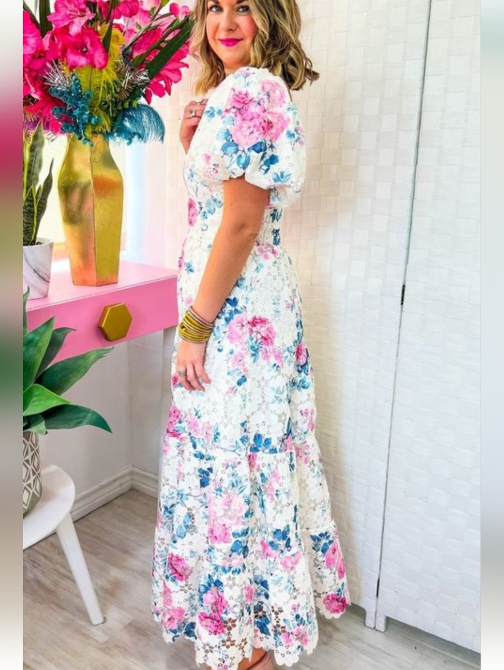 Buddy Love Floral Lace Maxi Dress in Pink & Blue